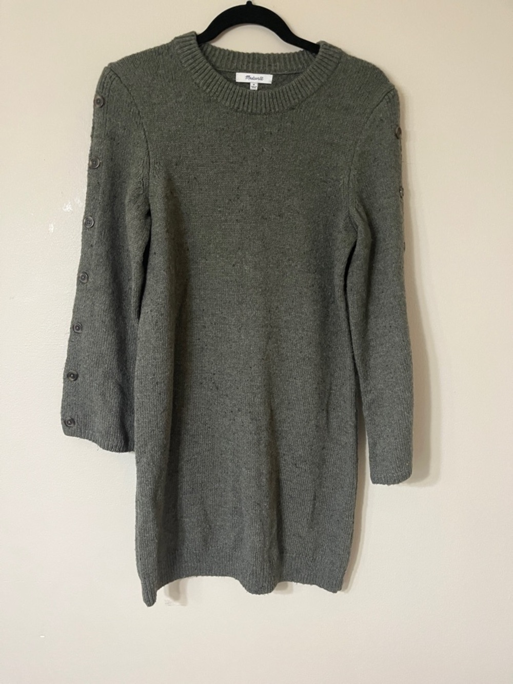Madewell Olive Crewneck Button-Sleeve Knit Dress